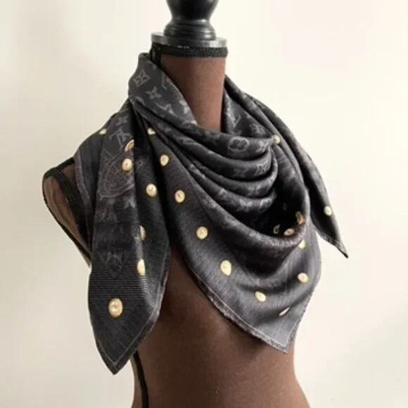 Louis Vuitton Scarf Monogram Denim Blask Gray Square Silk Wrap - Picture 11 of 16